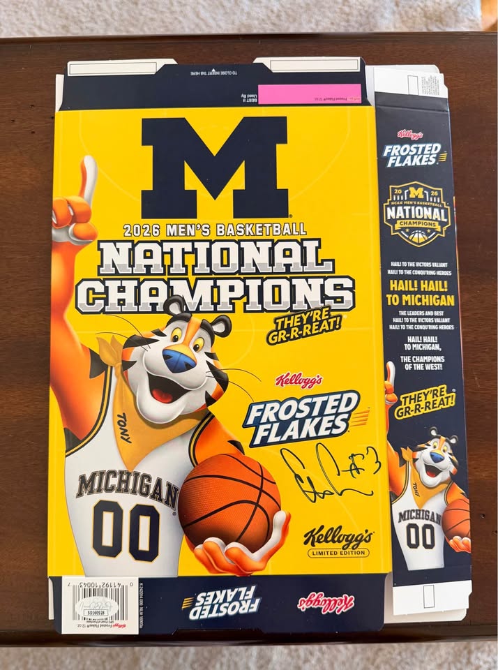 Elliot Cadeu Autographed Michigan Wolverines 2026 Men's Basketball National Champions Kellogg's Frosted Flakes Commemorative Box — Limited Edition