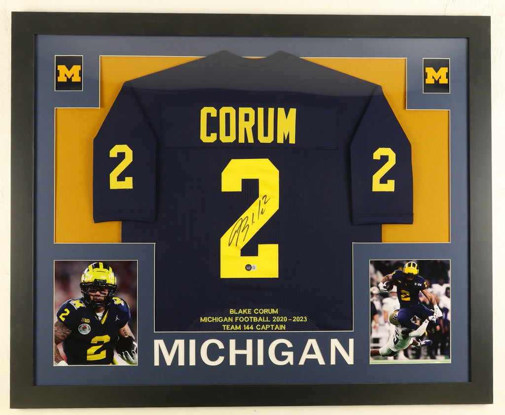 Blake Corum Signed Custom Framed Career Highlight Jersey Display (Beckett)