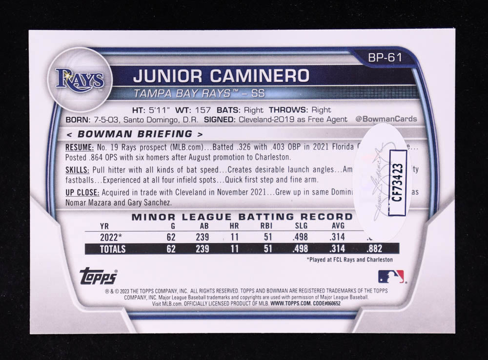 2023 Bowman Prospects Junior Caminero #BP-61 Rookie Card — Signed — Tampa Bay Rays