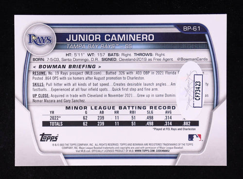 2023 Bowman Prospects Junior Caminero #BP-61 Rookie Card — Signed — Tampa Bay Rays