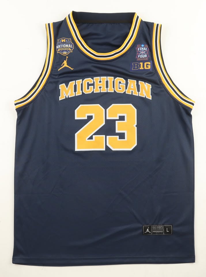 Yaxel Lendeborg Autographed Michigan Wolverines Authentic Jordan Brand Jersey — Navy Blue, 2026 National Champions, Final Four Patch — Size L