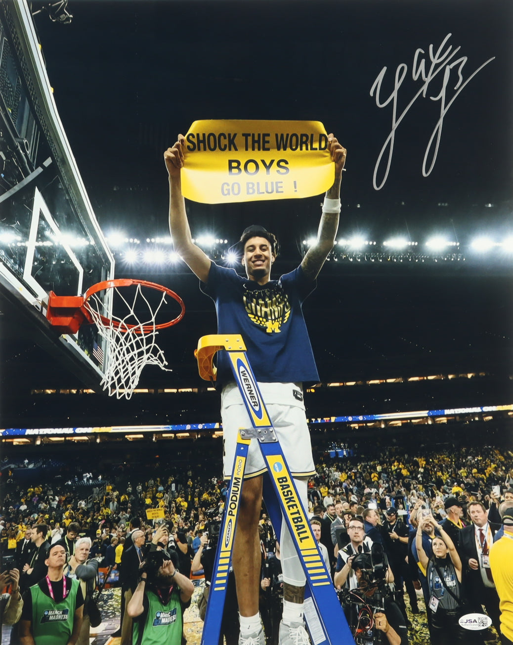 Yaxel Lendeborg Signed Michigan Wolverines 16x20 Photo — "Shock the World" Championship Celebration — JSA